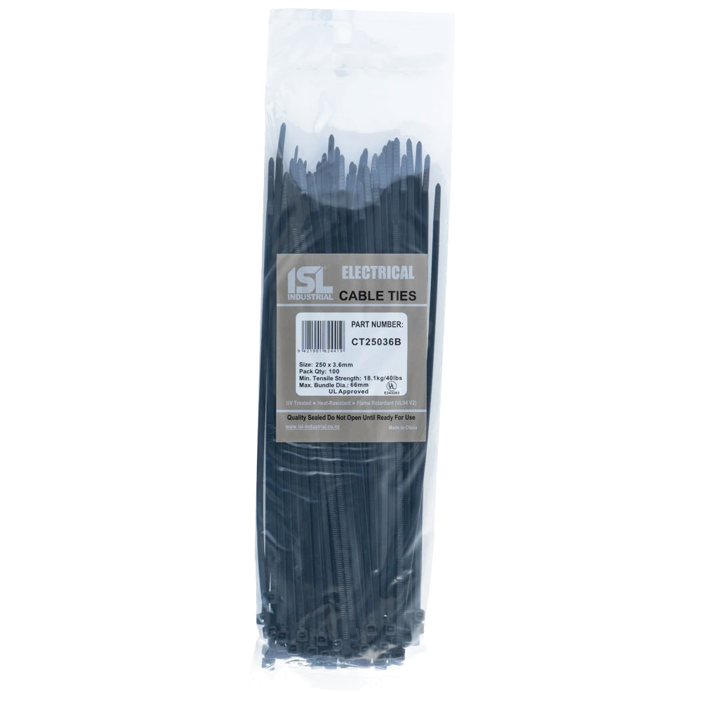 ISL 250 x 3.6mm UV Nylon Cable Tie - Blk. - 100pk