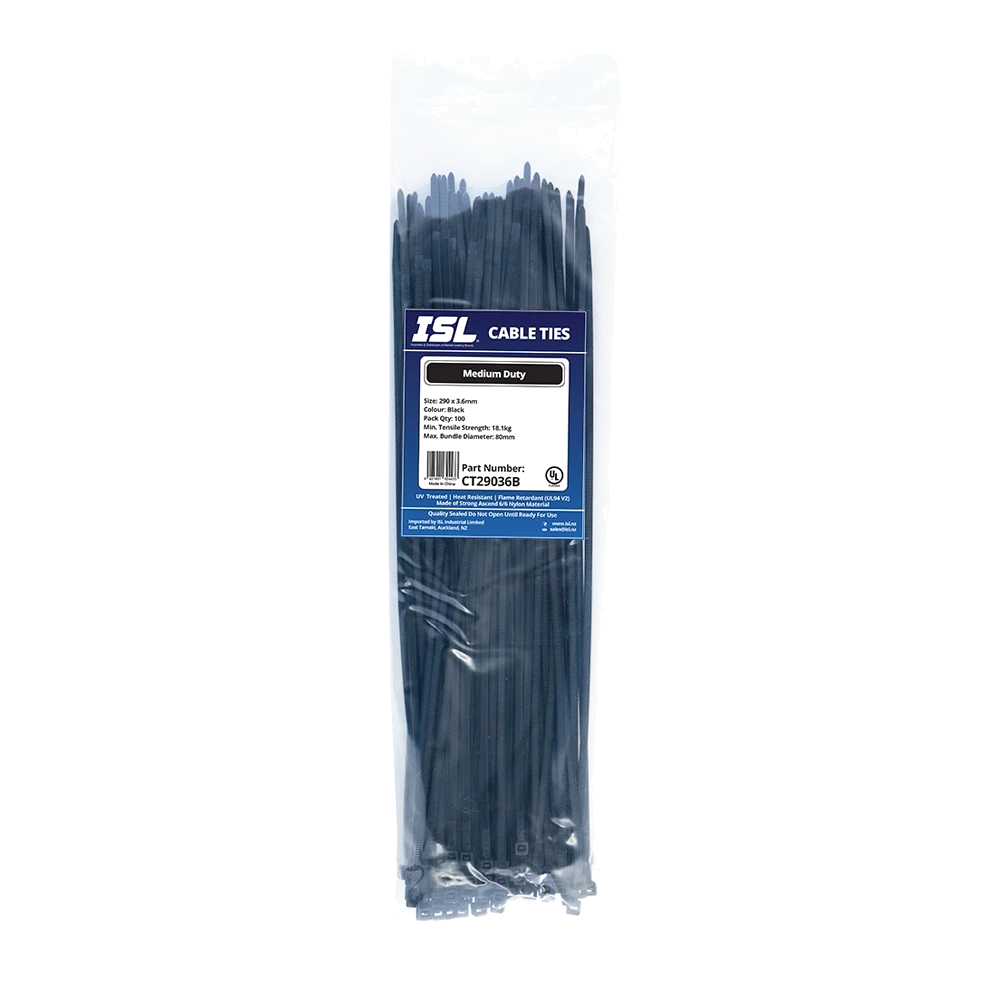 ISL 290 x 3.6mm UV Nylon Cable Tie - Blk. - 100pk