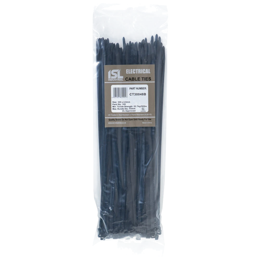 ISL 300 x 4.8mm UV Nylon Cable Tie - Blk. - 100pk