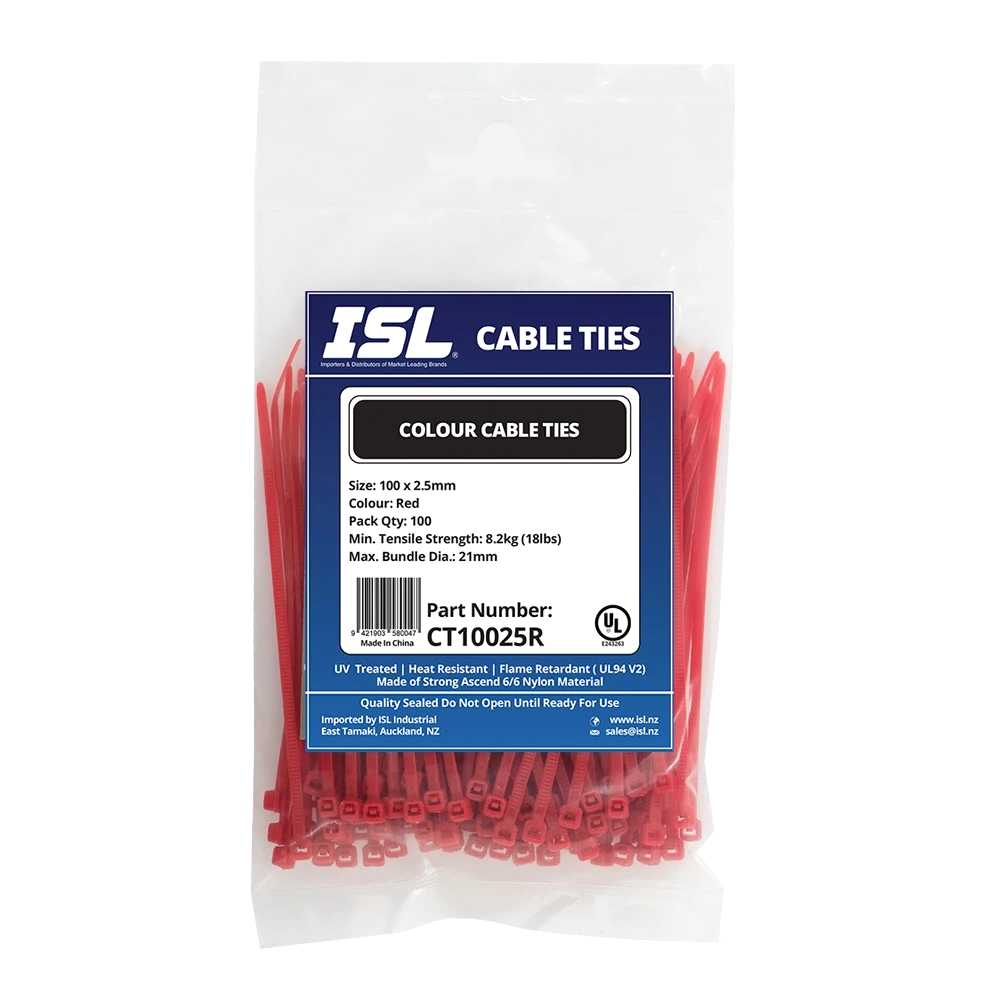 ISL 100 x 2.5mm Nylon Cable Tie - Red - 100pk
