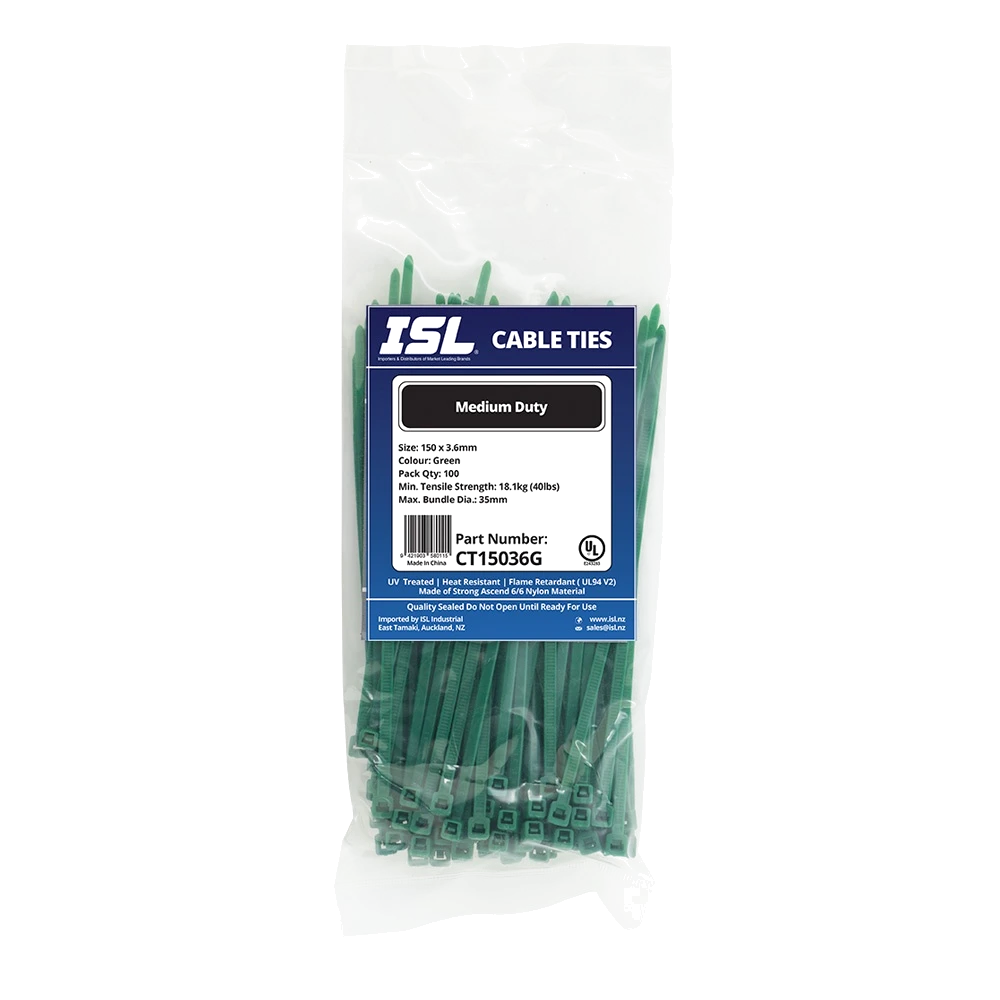 ISL 150 x 3.6mm Nylon Cable Tie - Green - 100pk