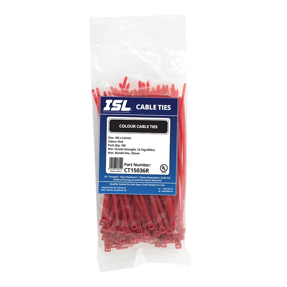 ISL 150 x 3.6mm Nylon Cable Tie - Red - 100pk