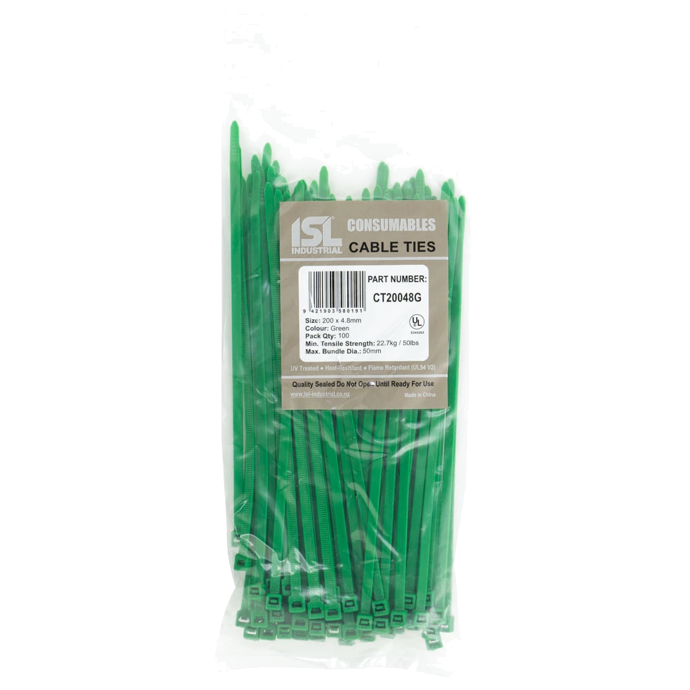 ISL 200 x 4.8mm Nylon Cable Tie - Green - 100pk