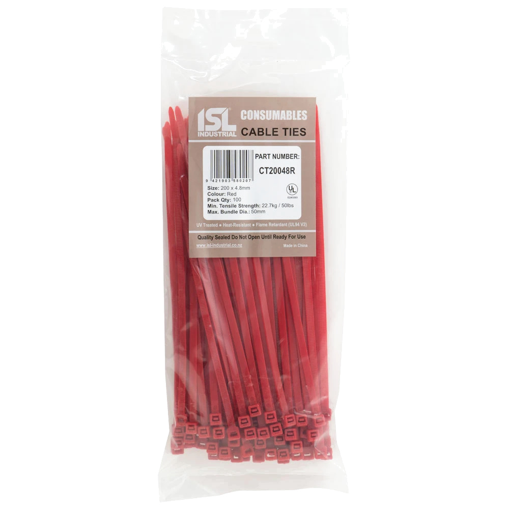ISL 200 x 4.8mm Nylon Cable Tie - Red - 100pk