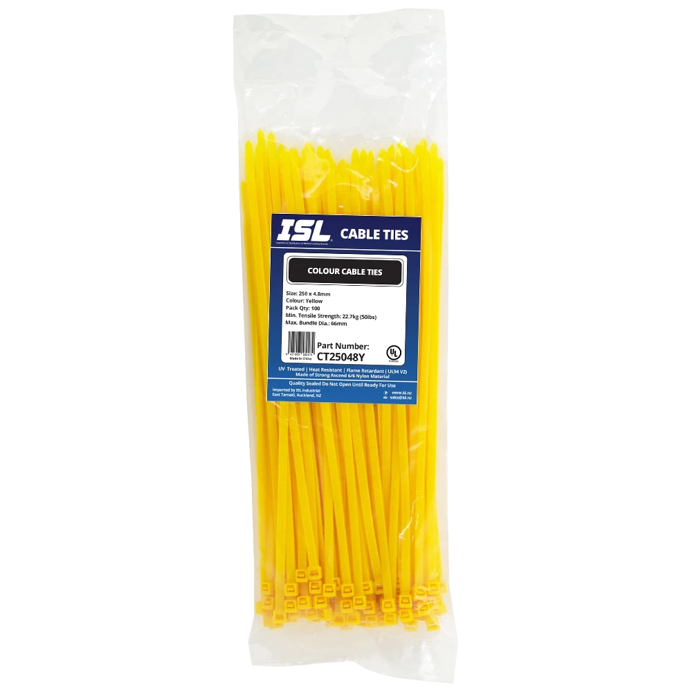 ISL 250 x 4.8mm Nylon Cable Tie - Yellow - 100pk