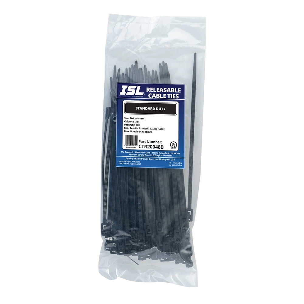 ISL 200 x 4.8mm UV Nylon Releasable Cable Tie - Blk - 100pk