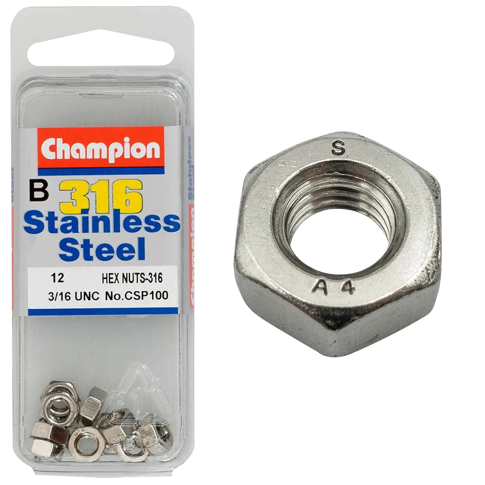 Champion 3/16in UNC Hex Nut - 316/A4 (C)