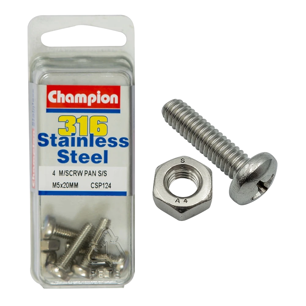 Champion Machine Screws Pan Phillips SS M5 x 20mm 316/A4-8pk