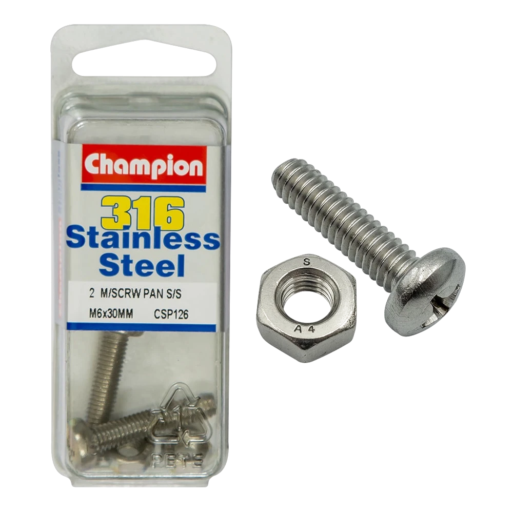 Champion Machine Screws Pan Phillips SS M6 x 30mm 316/A4-4pk