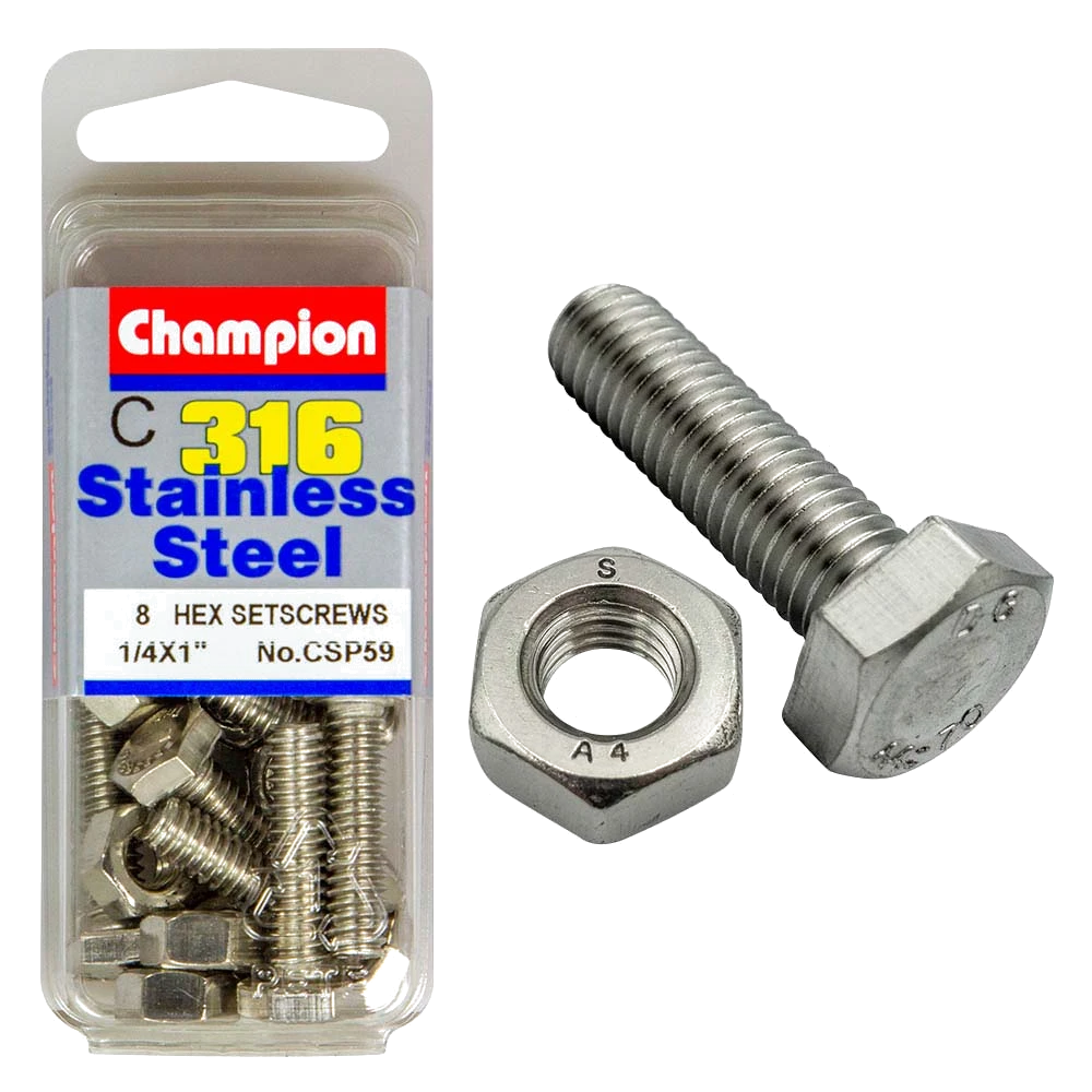 Champion 1/4in x 1in UNC Hex Set Screw 316/A4 (C)