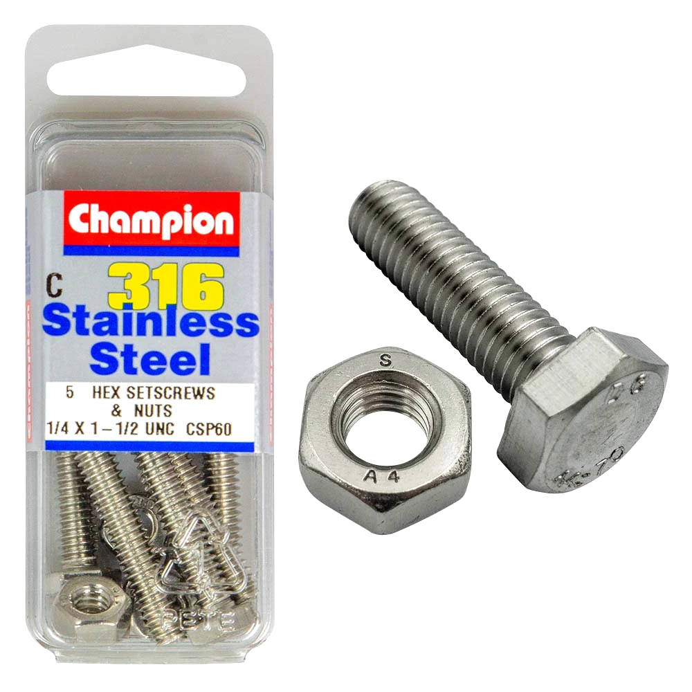 Champion 1/4in x 1-1/2in UNC Hex Set Screw 316/A4 (C)