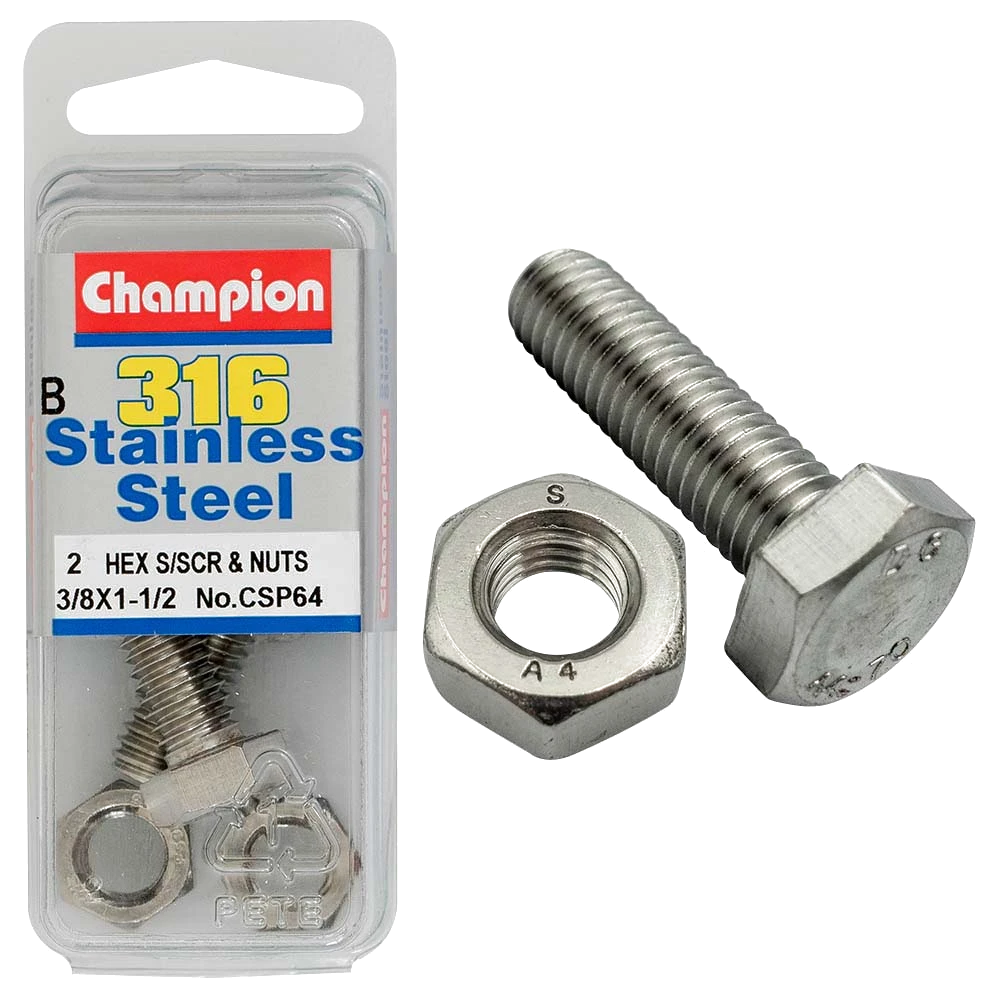 Champion 3/8in x 1-1/2in UNC Hex Set Screw 316/A4 (C)