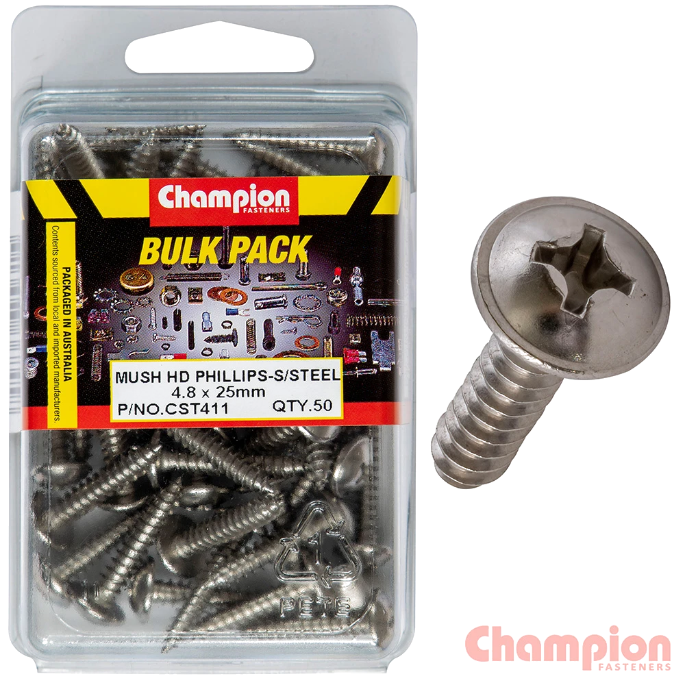 Champion S/Tapping Screws - Mushroom Head - 4.8 x 25mm