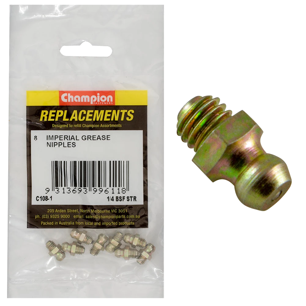 Champion 1/4in BSF Straight Grease Nipple -8pk