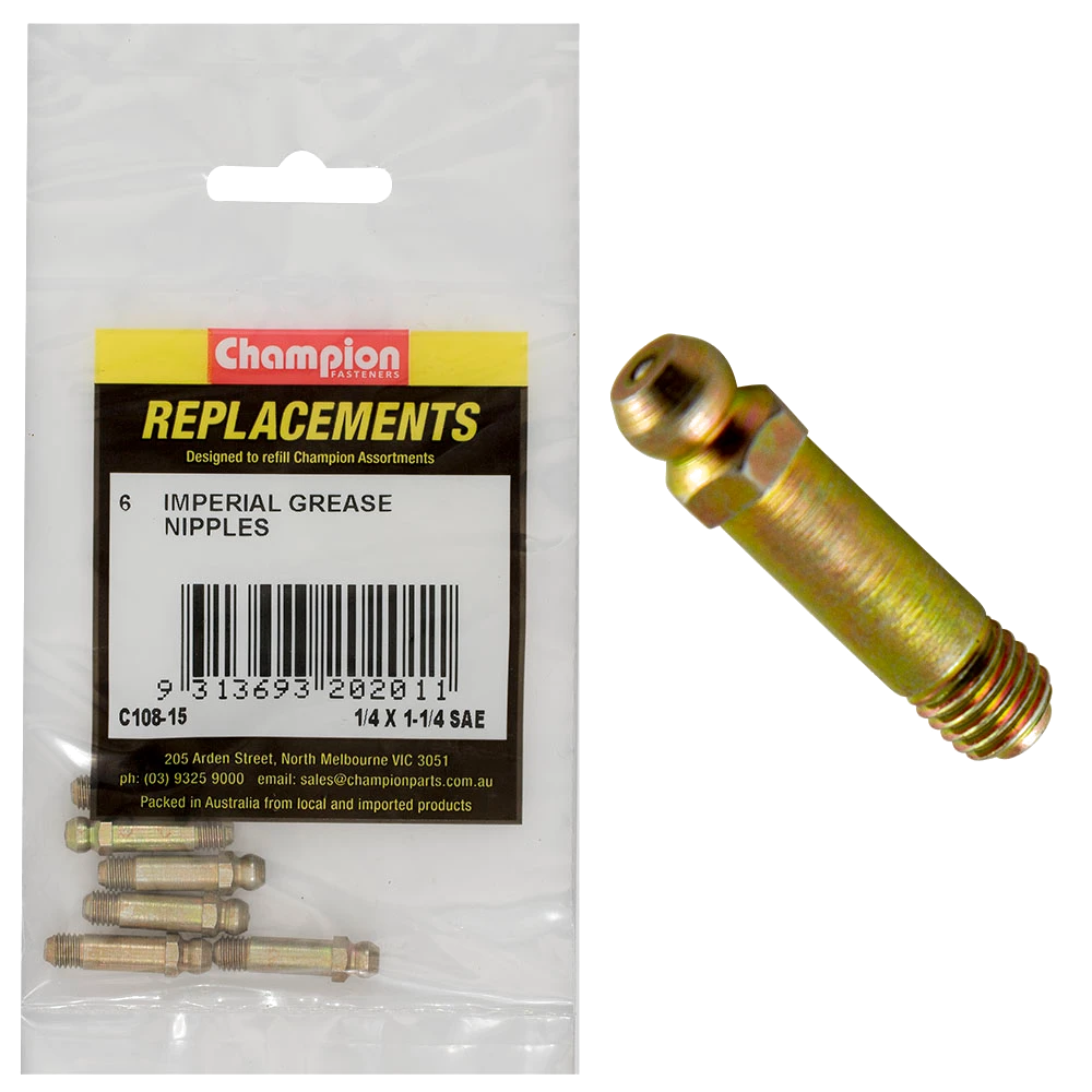 Champion 1/4in UNF (Sae) x 1-1/4in Str. Grease Nip. -6pk