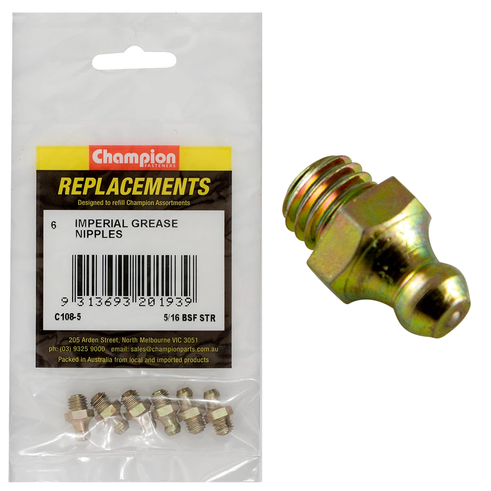 Champion 5/16in BSF Straight Grease Nipple -6pk