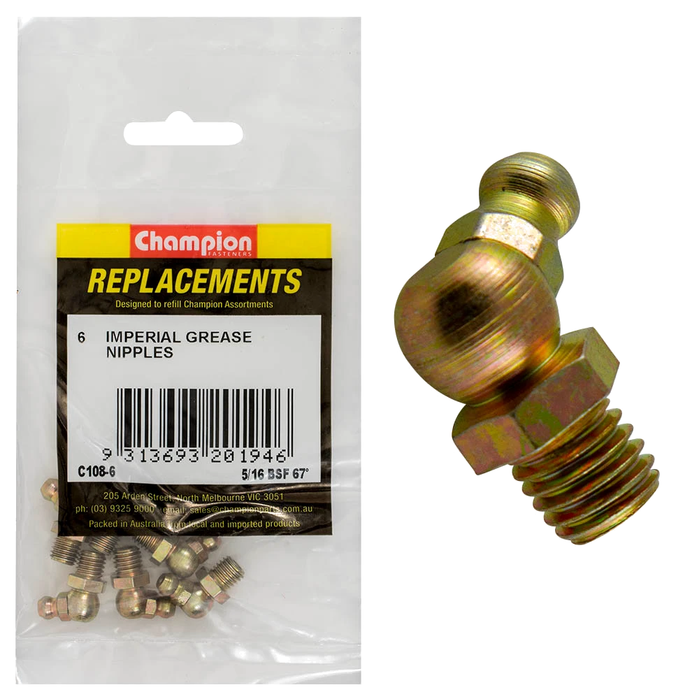 Champion 5/16in BSF 67.5-Deg. Grease Nipple -6pk