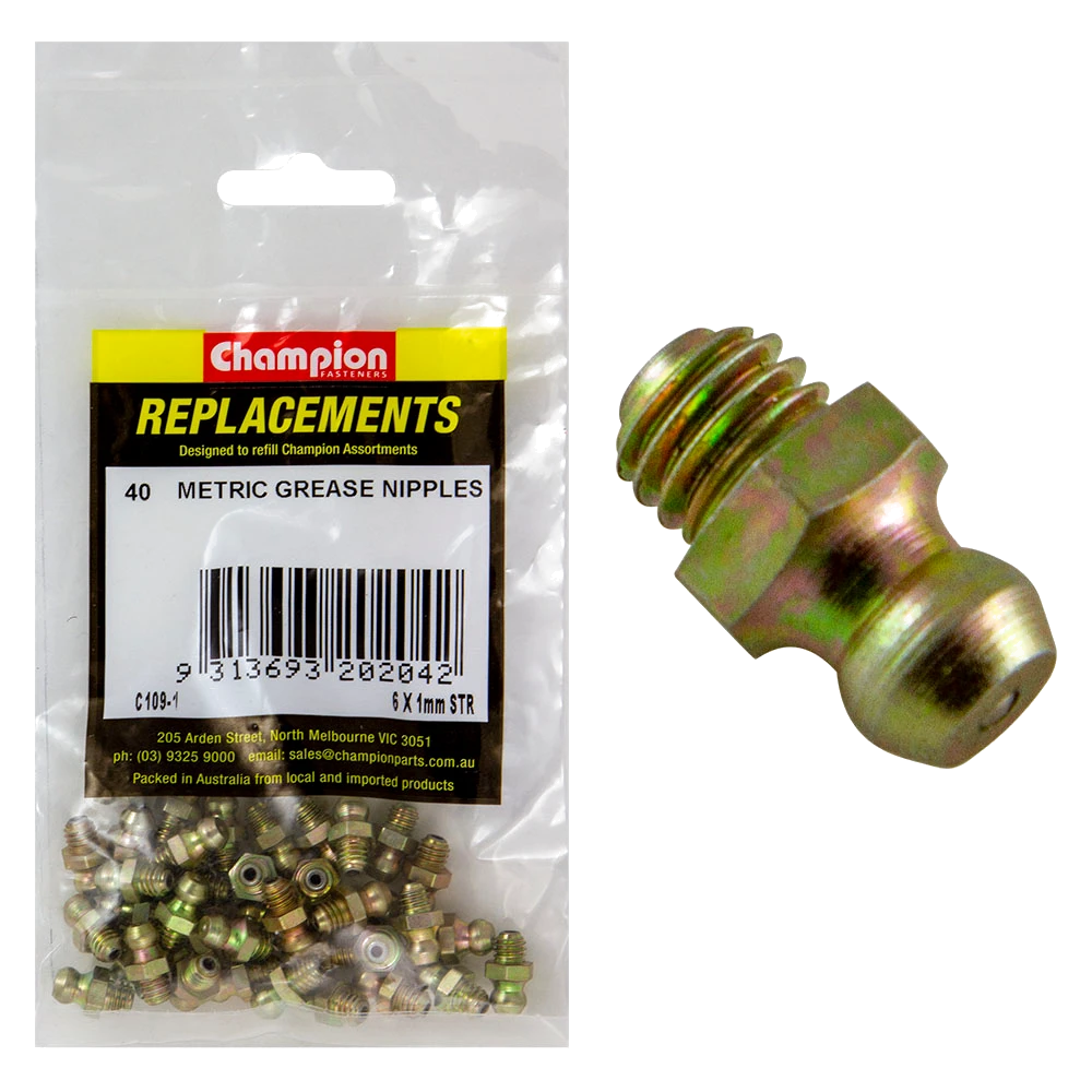 Champion M6 x 1.00mm Straight Grease Nipple -40pk