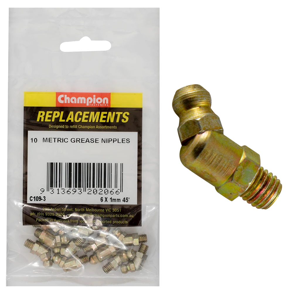 Champion M6 x 1.00mm 45-Deg. Grease Nipple -10pk