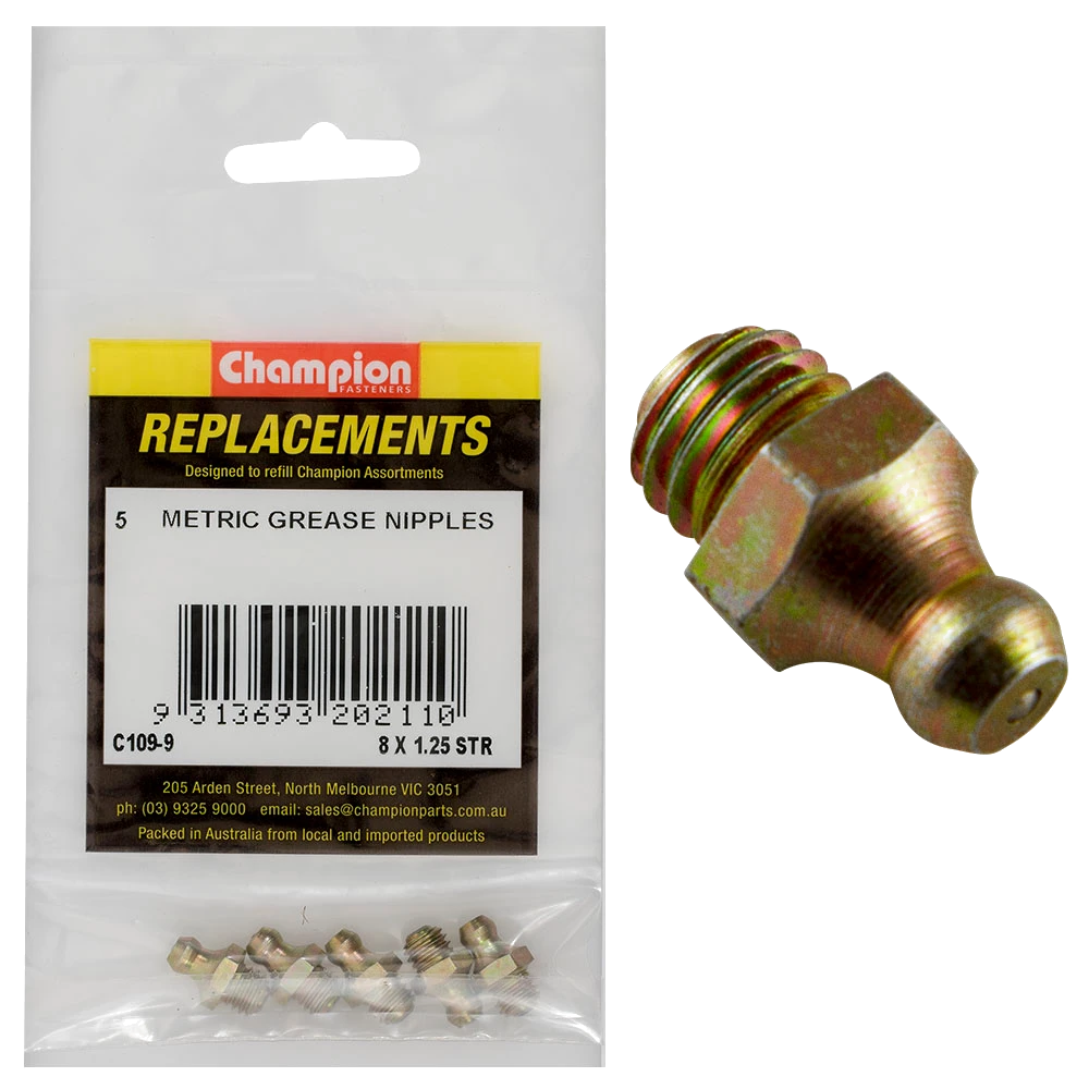 Champion M8 x 1.25mm Straight Grease Nipple -5pk