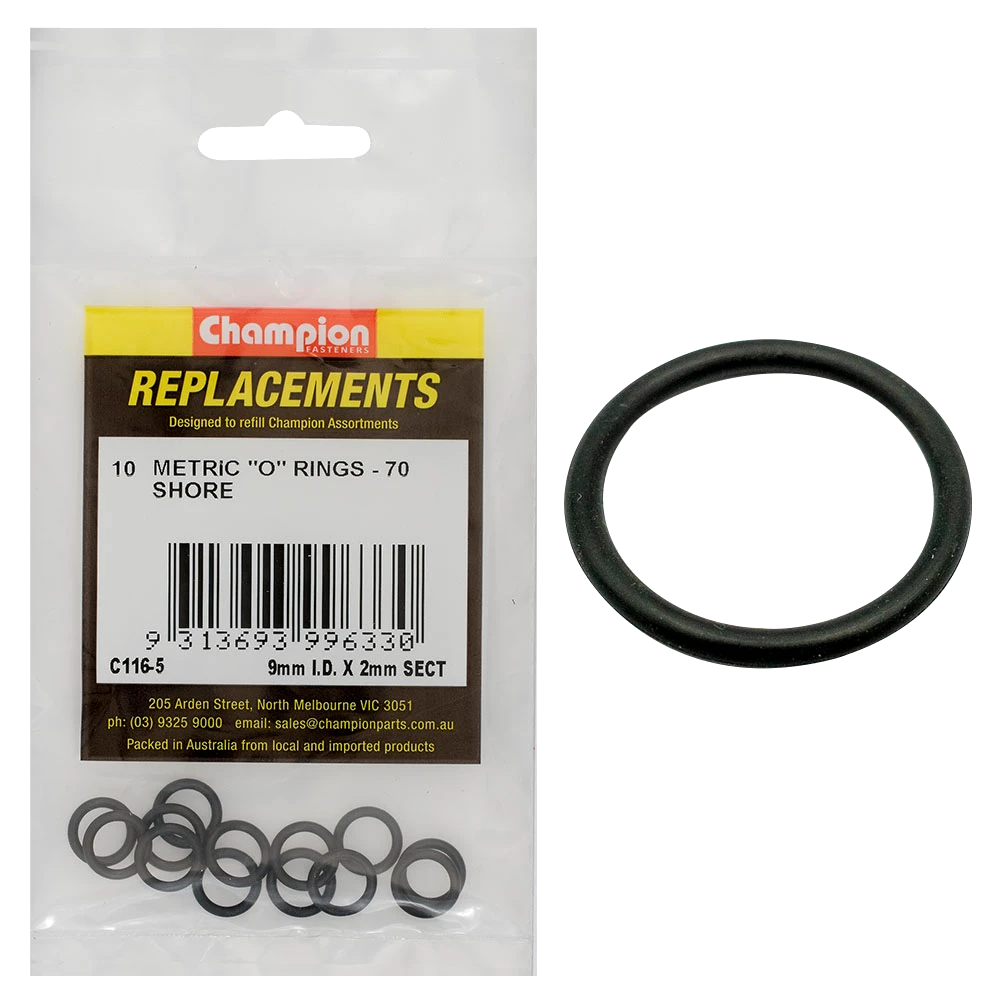Champion 9mm (I.D.) x 2mm Metric O-Ring -10pk