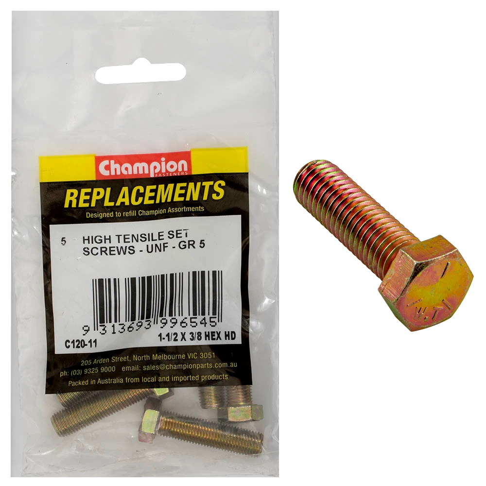 Champion 3/8in x 1-1/2in UNF Set Screw -Gr5 -5pk