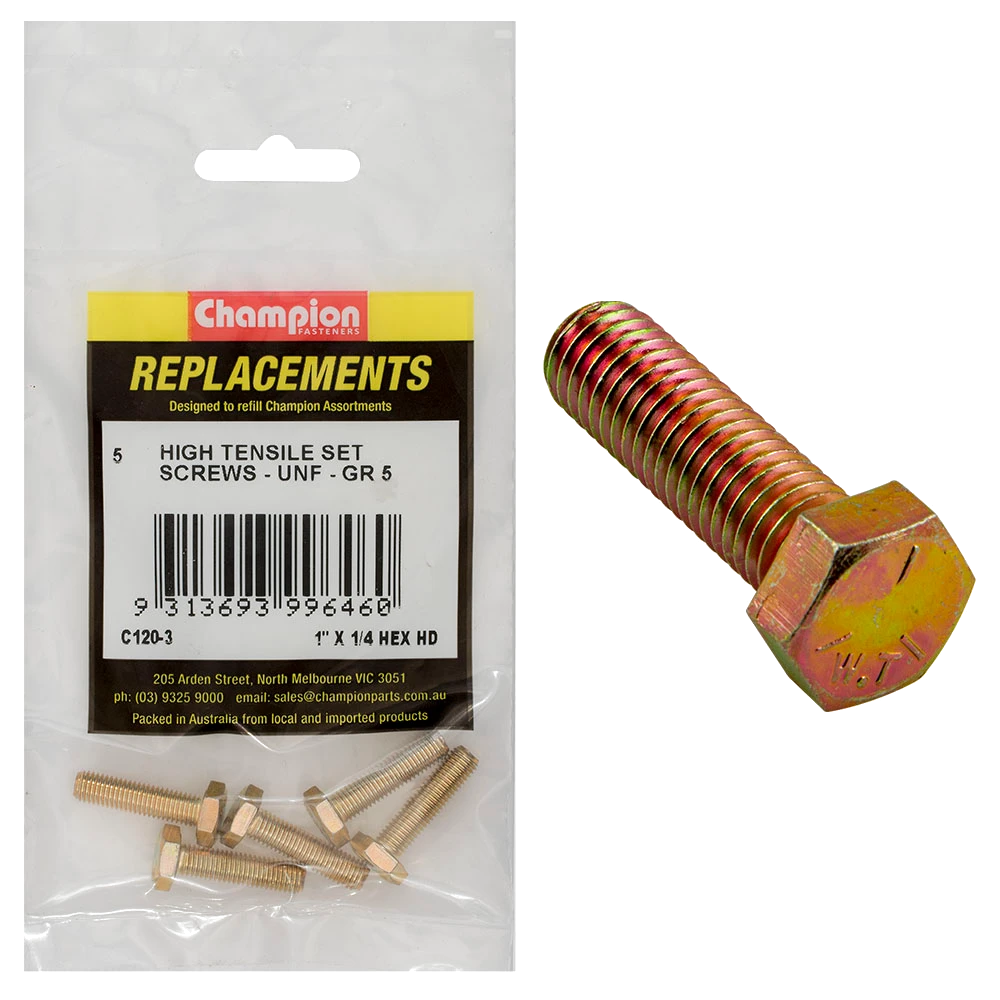 Champion 1/4in x 1in UNF Set Screw -Gr5 -5pk