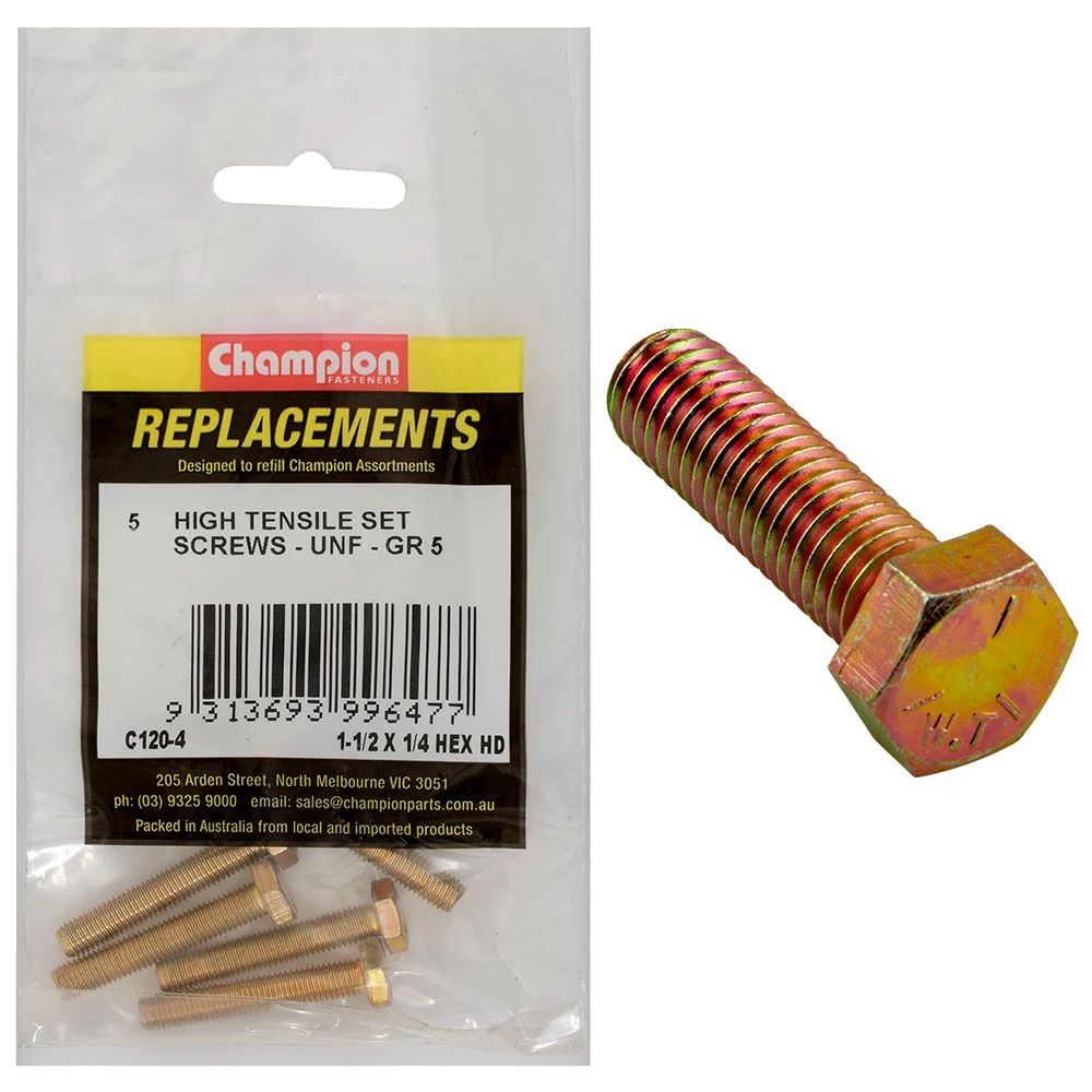 Champion 1/4in x 1-1/2in UNF Set Screw -Gr5 -5pk