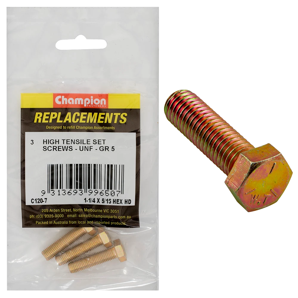 Champion 5/16in x 1-1/4in UNF Set Screw -Gr5 -3pk