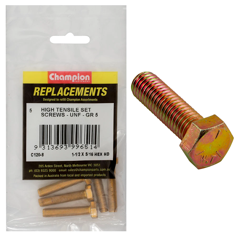 Champion 5/16in x 1-1/2in UNF Set Screw -Gr5 -5pk