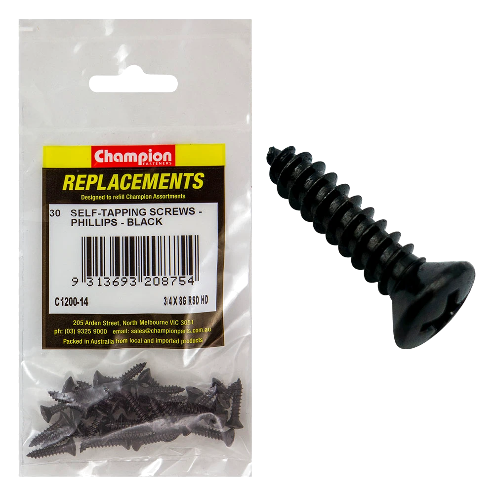 Champion 8G x 3/4in S/Tapping Screw Raised Head Ph Blk -30pk