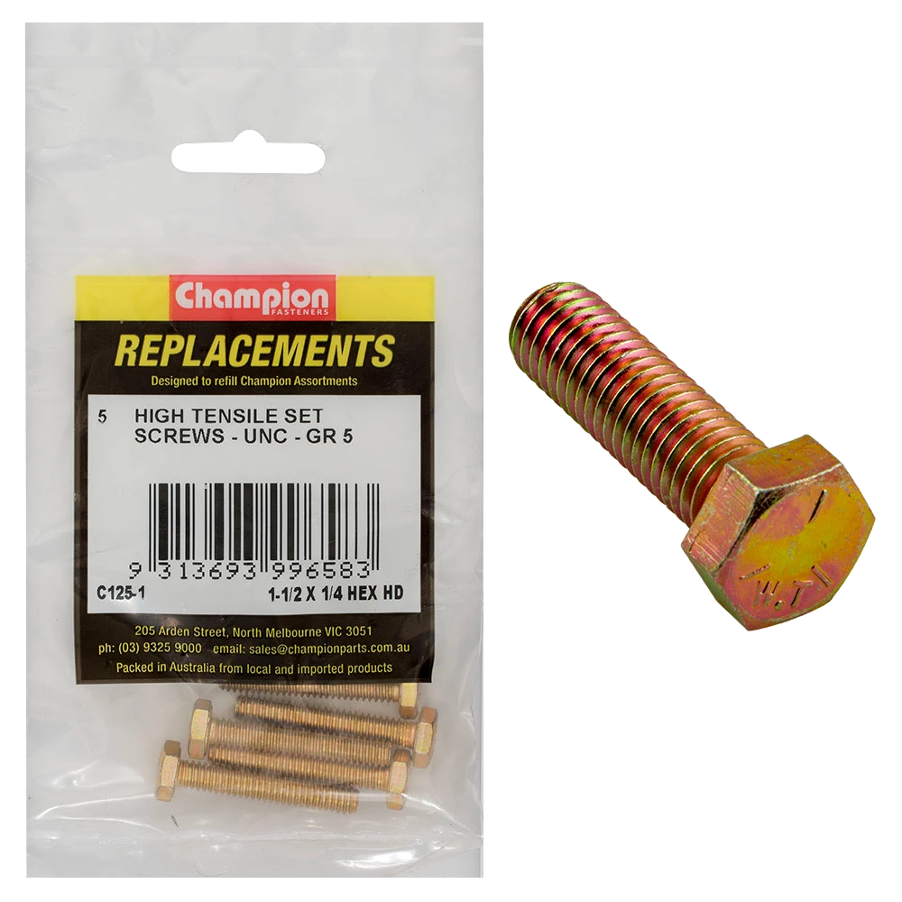 Champion 1/4in x 1-1/2in UNC Set Screw -Gr5 -5pk