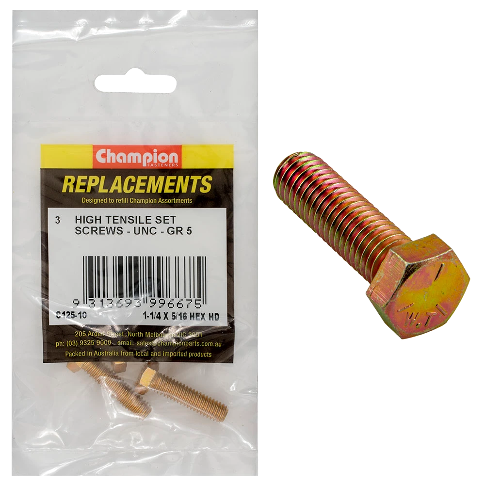 Champion 5/16in x 1-1/4in UNC Set Screw -Gr5 -3pk