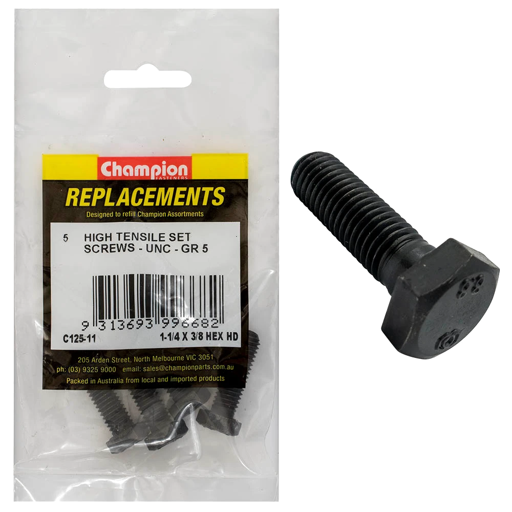 Champion 3/8in x 1-1/4in UNC Set Screw -Gr5 -5pk