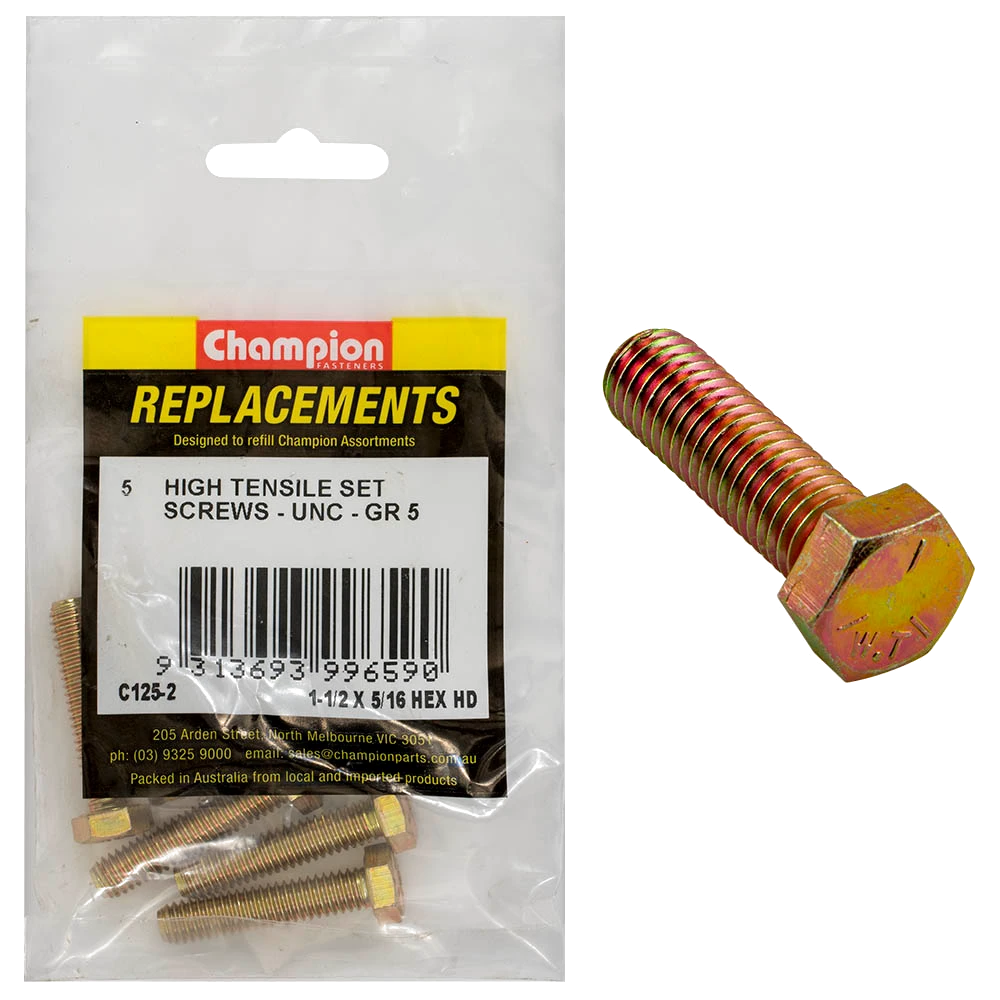 Champion 5/16in x 1-1/2in UNC Set Screw -Gr5 -5pk