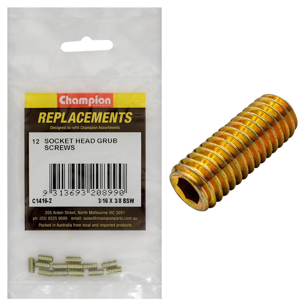 Champion 3/16in x 3/8in BSW Socket Grub Screw -12pk