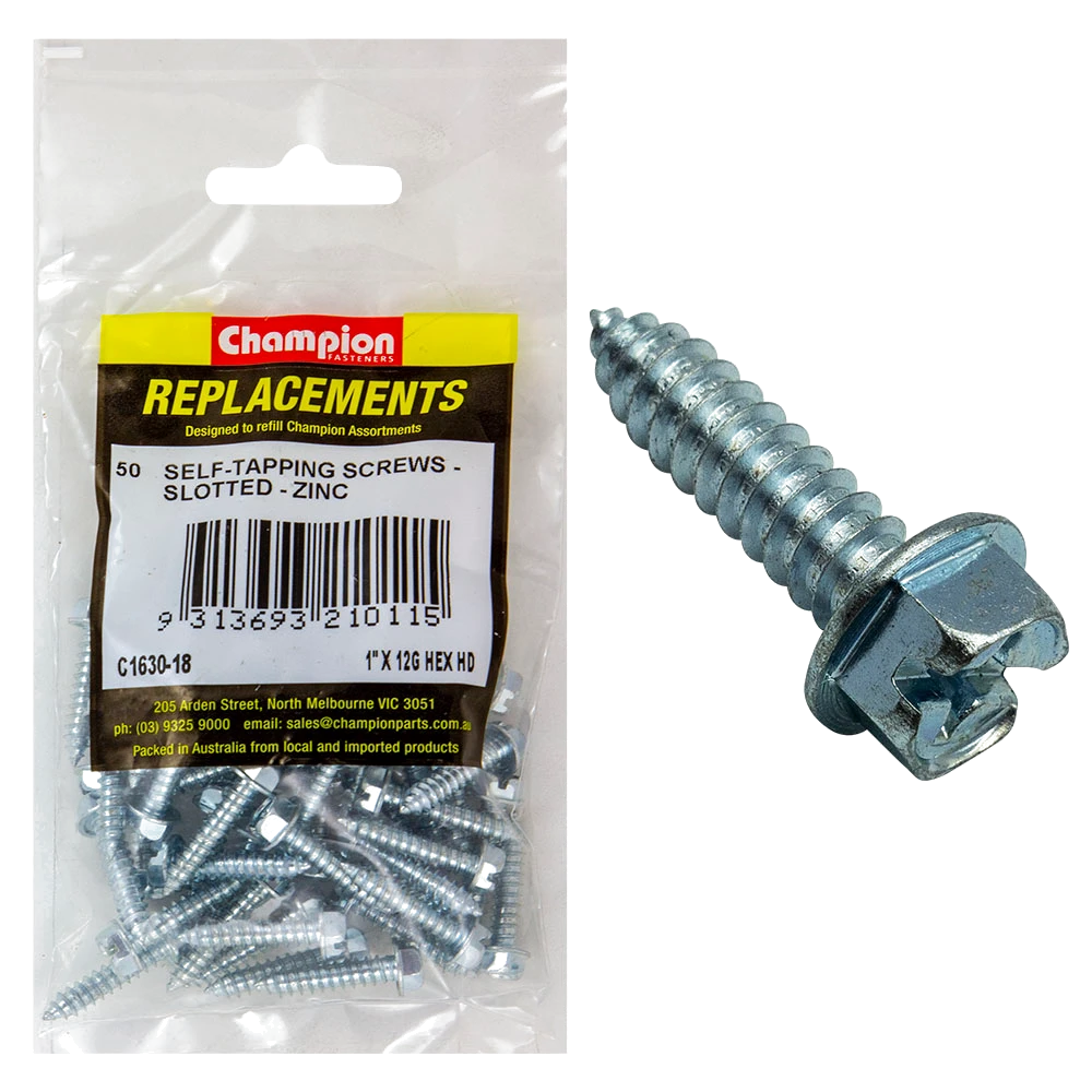 Champion 12G x 1in S/Tapping Screw Hex Head Phillips -50pk