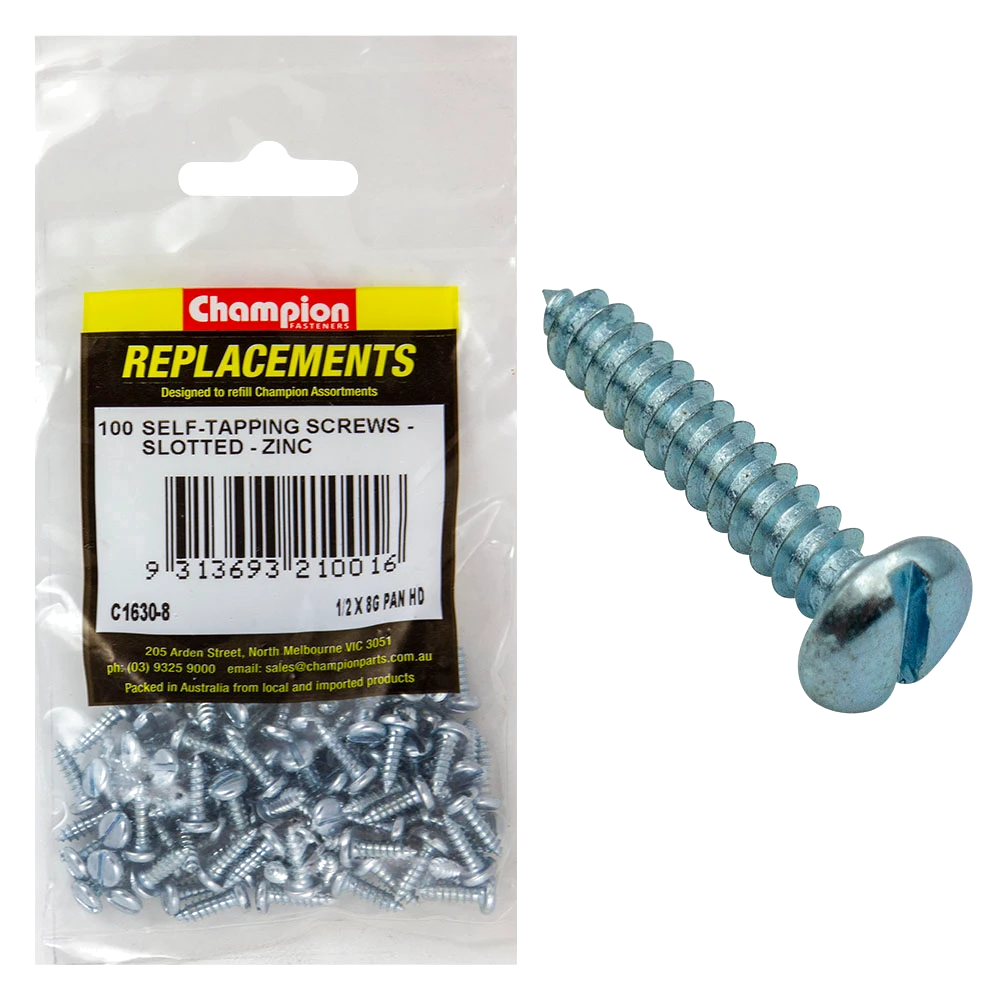 Champion 8G x 1/2in S/Tapping Screw Pan Head Slot -100pk