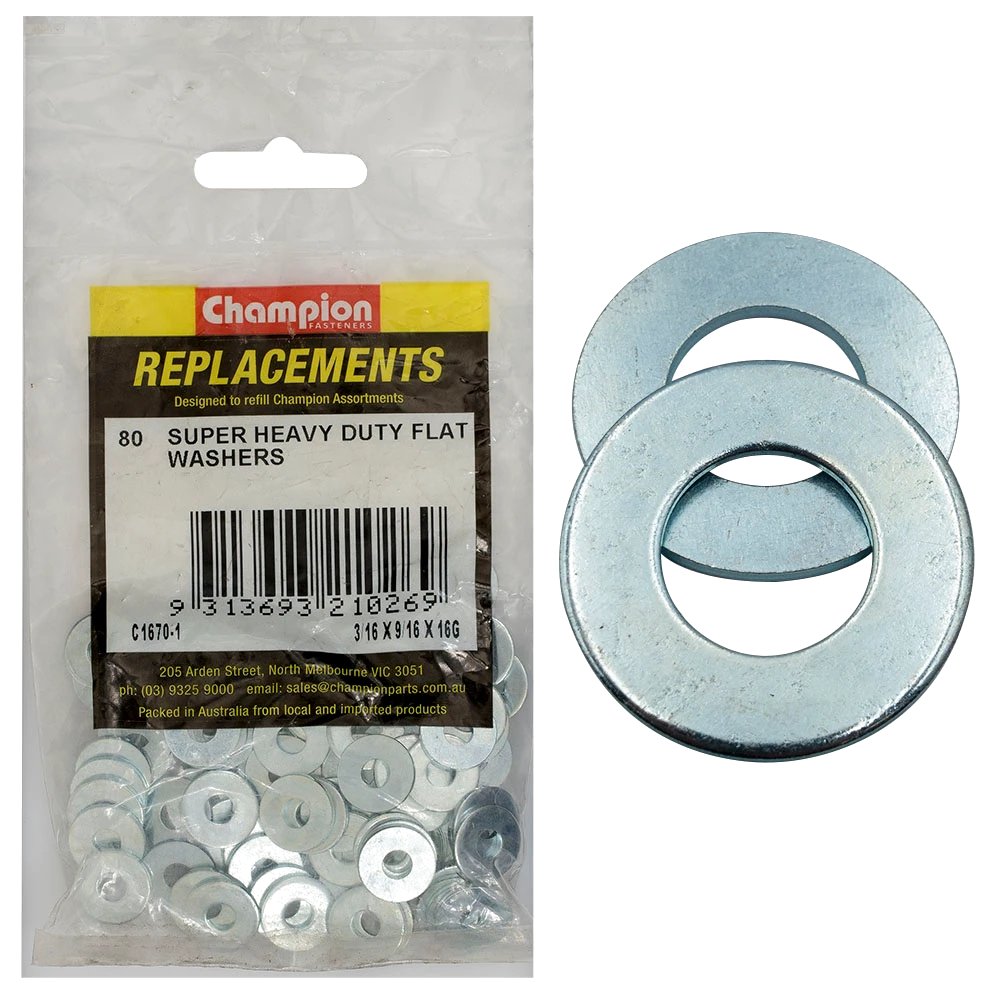 Champion 3/16in x 9/16in x 16G H/Duty Flat Steel Washer-80pk