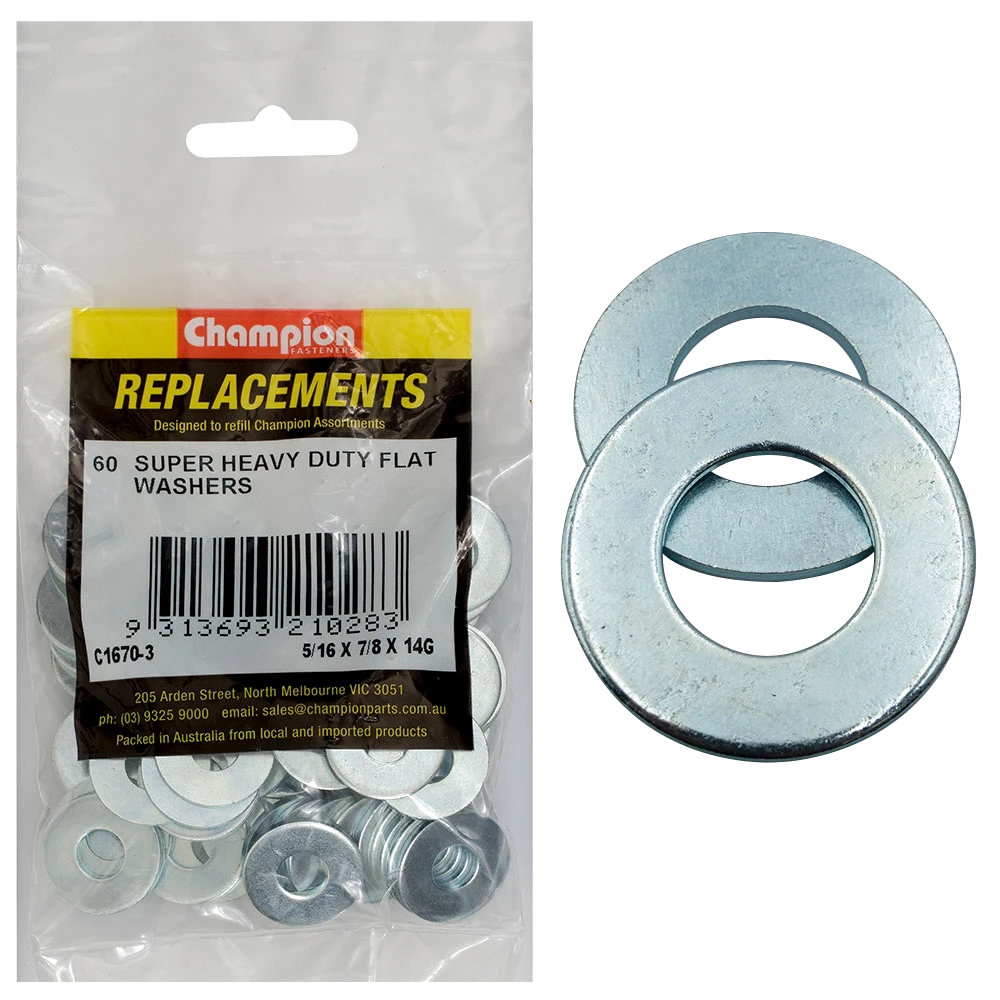 Champion 5/16in x 7/8in x 14G H/Duty Flat Steel Washer -60pk