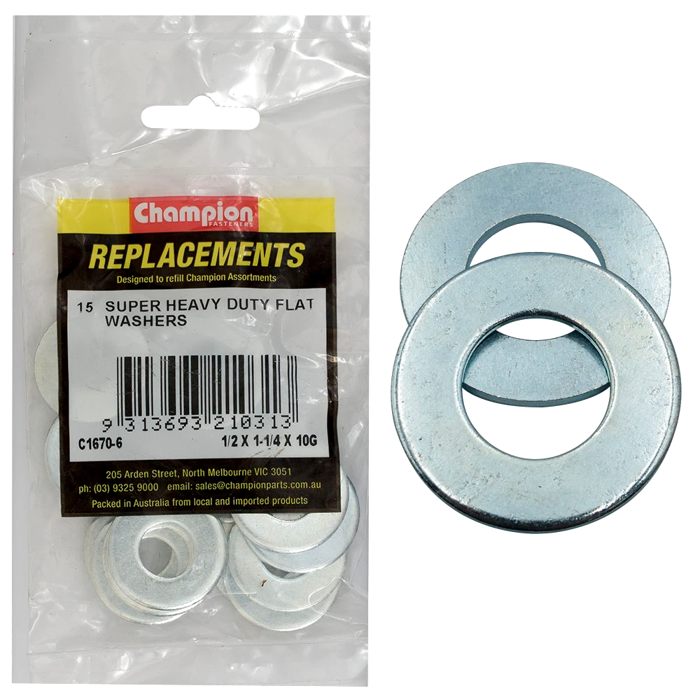 Champion 1/2in x 1-1/4in x 10G H/Duty Flat Steel Washer-15pk