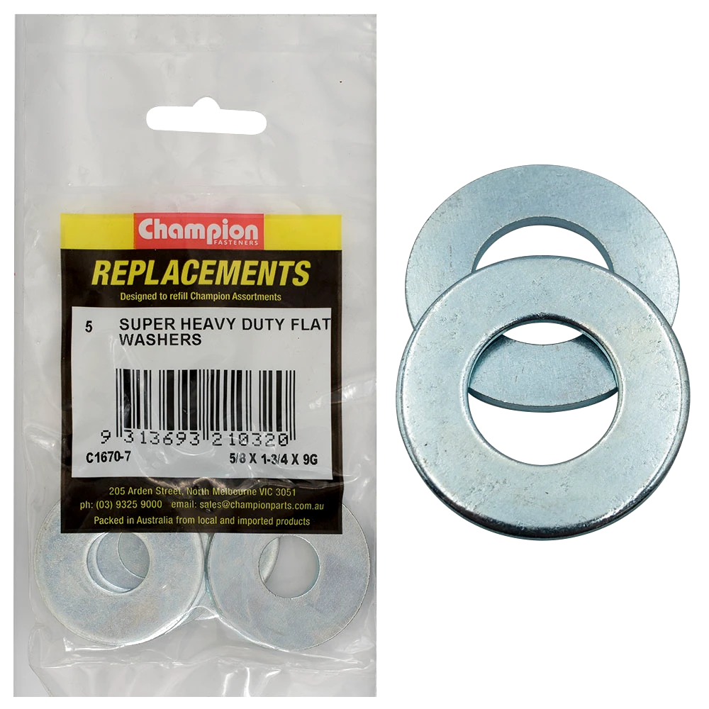 Champion 5/8in x 1-3/4in x 9G H/Duty Flat Steel Washer - 5pk