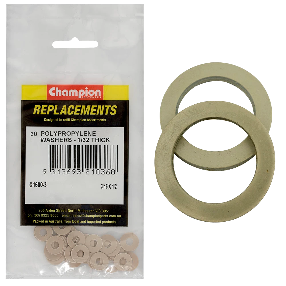 Champion 3/16in x 1/2in x 1/32in Polypropylene Washer -30pk