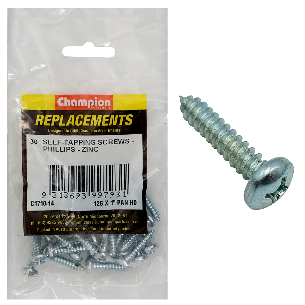 Champion 12G x 1in S/Tapping Screw Pan Hd Phillips (Zn)-30pk