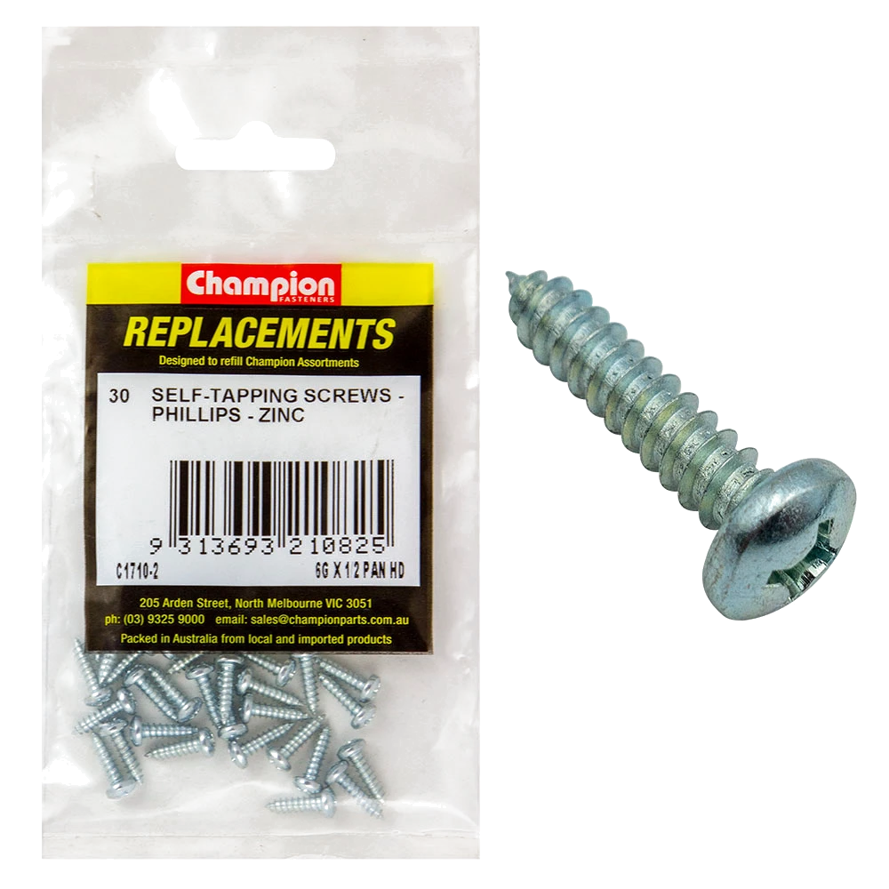 Champion 6G x 1/2in S/Tapping Screw Pan Head Phillips - 30pk