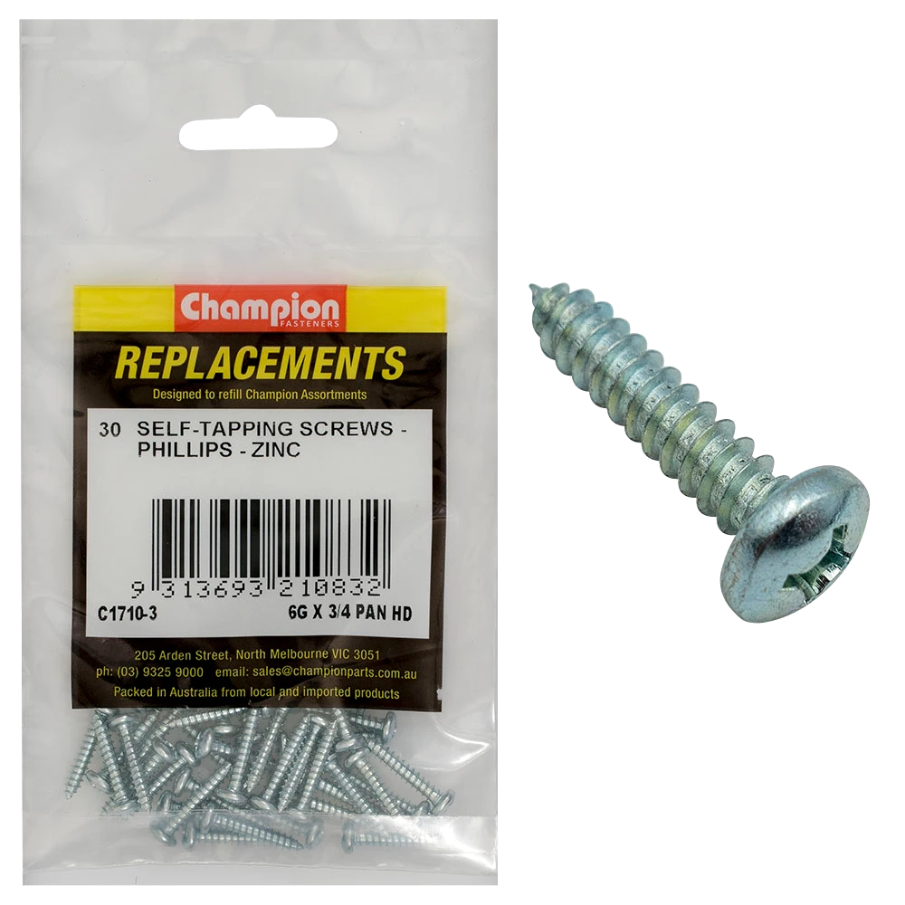 Champion 6G x 1in S/Tapping Screw Pan Head Phillips(Zn)-30pk