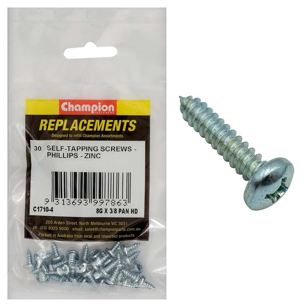 Champion 8G x 3/8in S/Tapping Screw Pan Head Phillips - 30pk