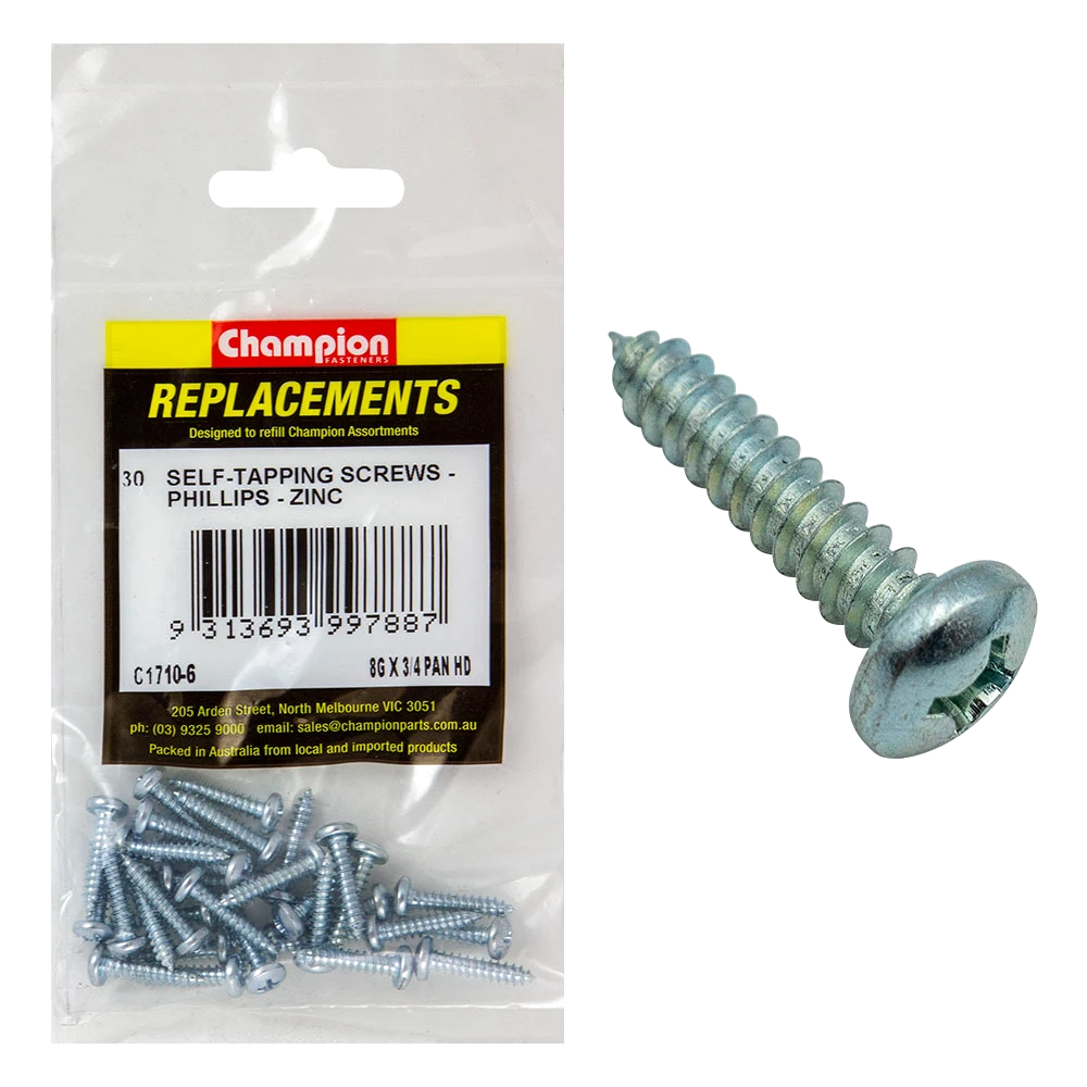 Champion 8G x 3/4in S/Tapping Screw Pan Head Phillips - 30pk
