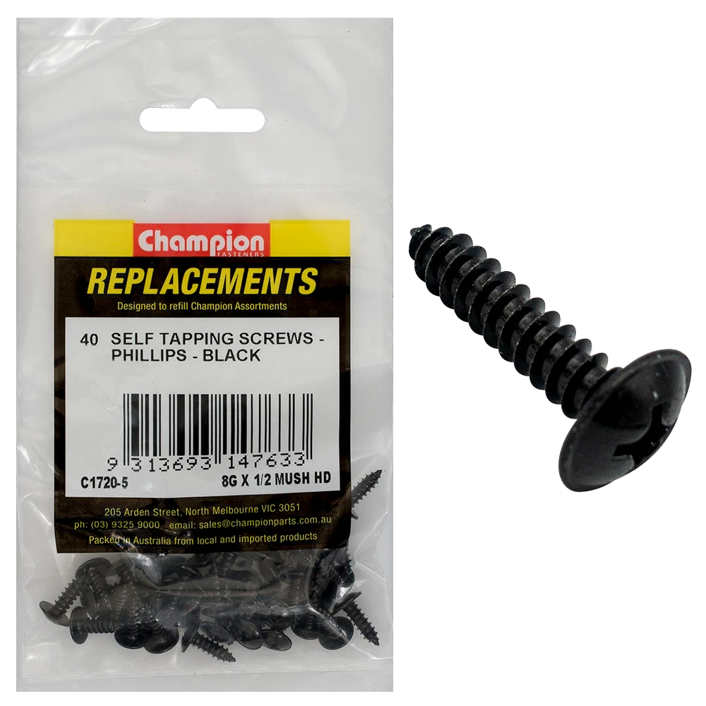 Champion 8G x 1/2in S/Tapping Screw Mushroom Head Ph -40pk