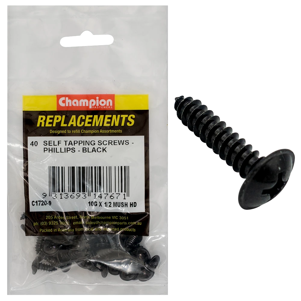 Champion 10G x 1/2in S/Tapping Screw Mushroom Head Ph -40pk